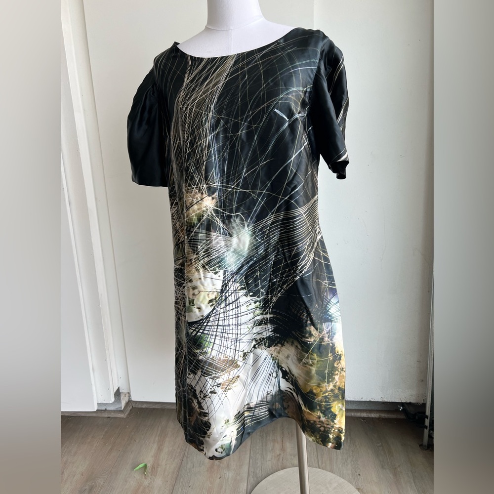 Biba black midi-dress with gold and white abstract pattern. Size 18.